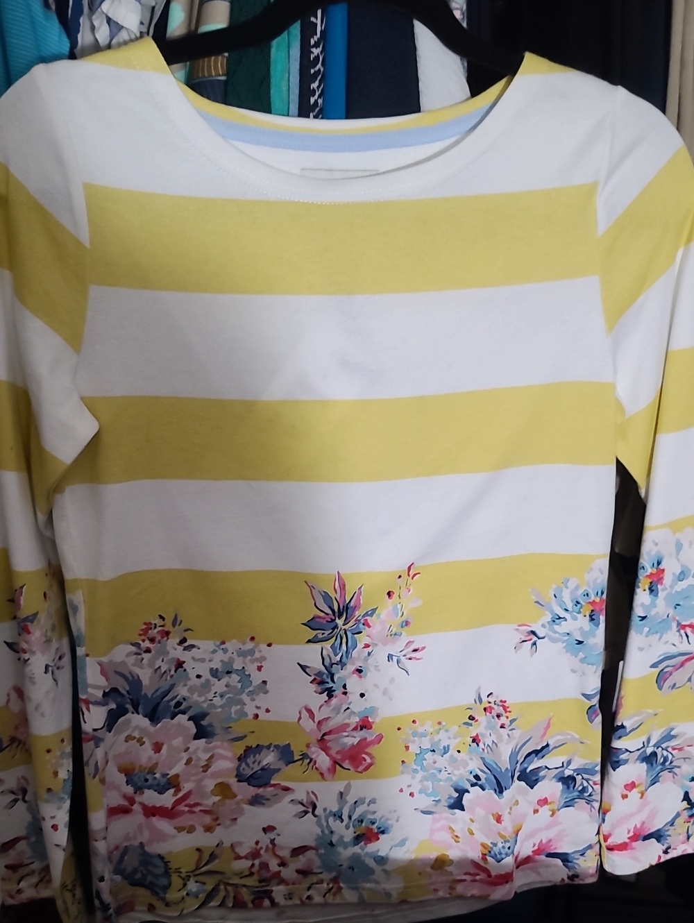 Joules Yellow & White Striped Long-Sleeve Top with Floral Hem